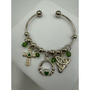 Irish Celtic Charm Bangle Bracelet Silver Tone Claddagh Trinity Knot Cross Green